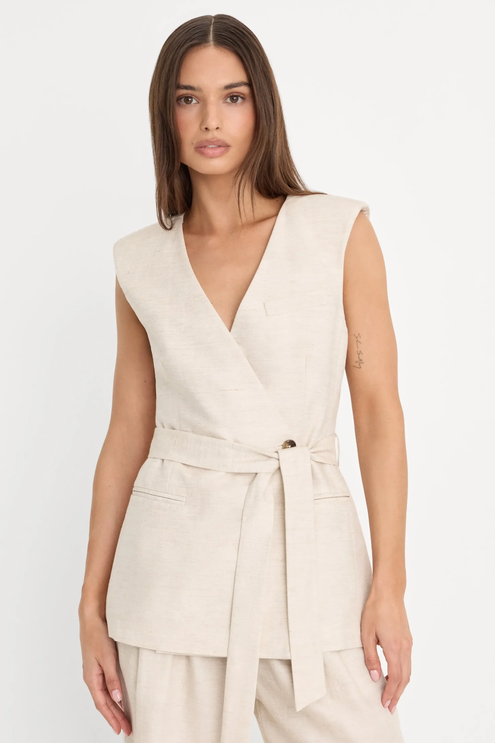 linen sleeveless belted vest