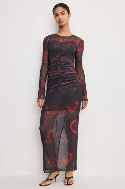 mesh ruched maxi dress
