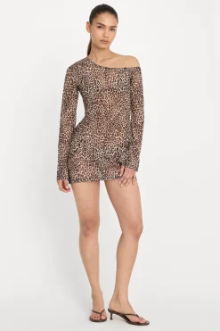 print mesh asymmetric long sleeve mini dress